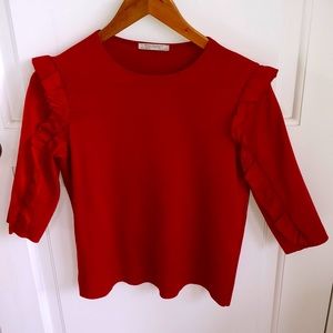 Zara Trafaluc Red Ruffle Sleeve Top SZ S